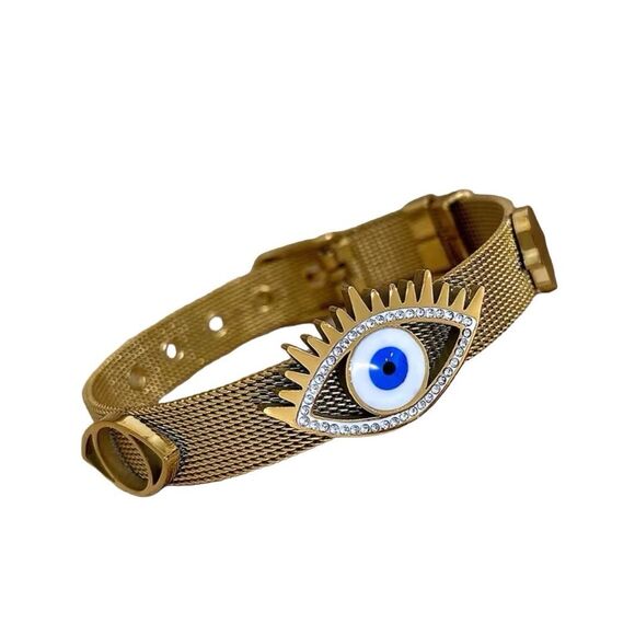 154A Evil Eye Belt Strap Stainless Steel Gold Plated Bracelet - Picture 5 of 8